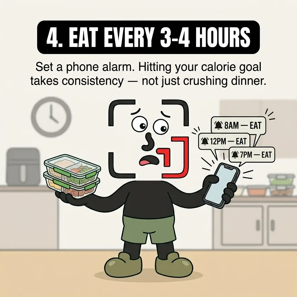 The GainFrame mascot holds meal prep containers in one hand and a smartphone with scheduled eating alarms in the other, emphasizing the need to eat consistently every three to four hours.