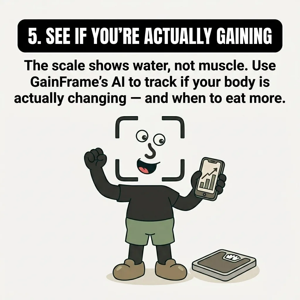 The GainFrame mascot celebrates while holding a phone displaying a rising progress chart next to a floor scale, showing how to track actual body composition changes instead of relying solely on weight.
