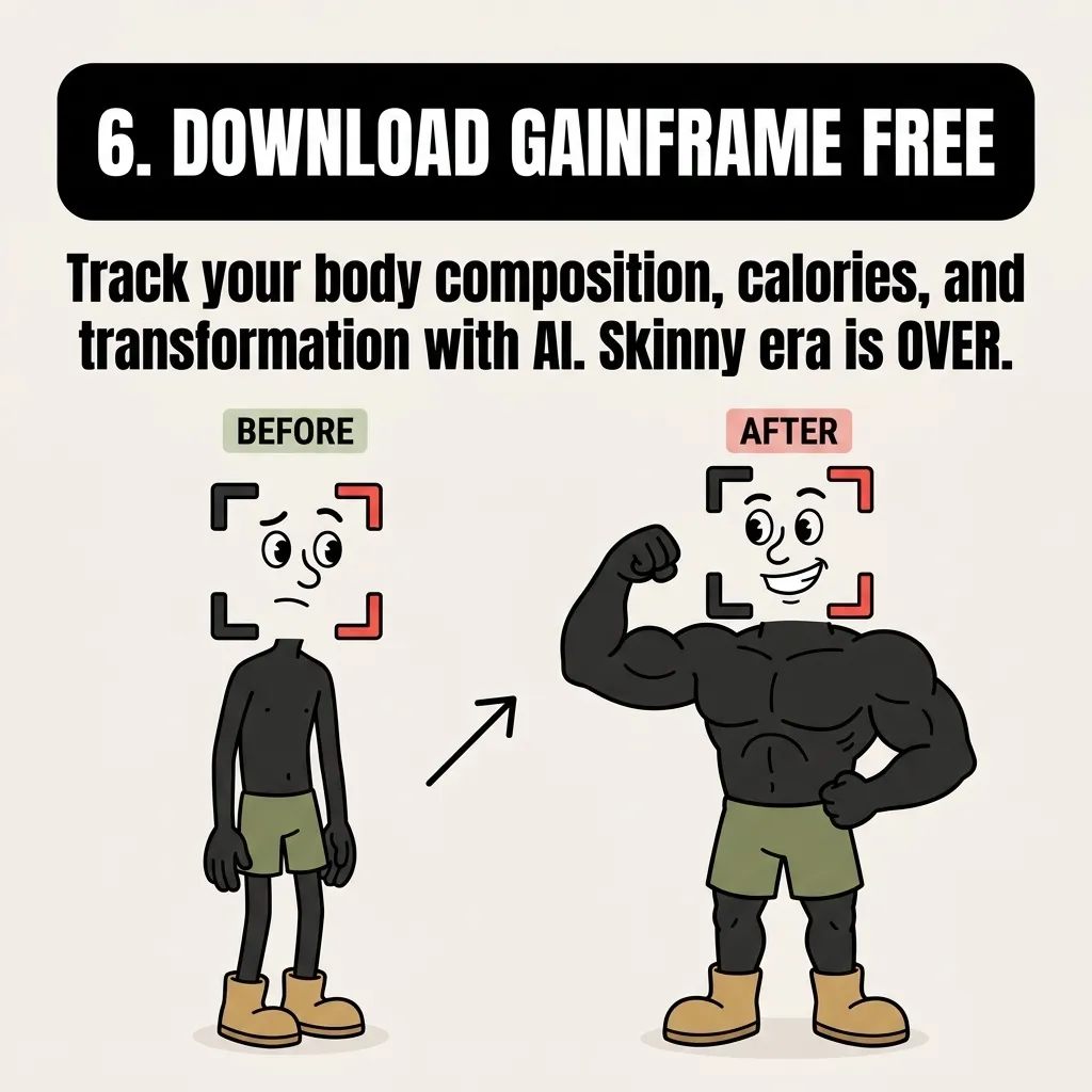 A before-and-after comparison shows a thin GainFrame mascot transforming into a highly muscular version, promoting the use of the GainFrame app to track body composition and end the skinny era.