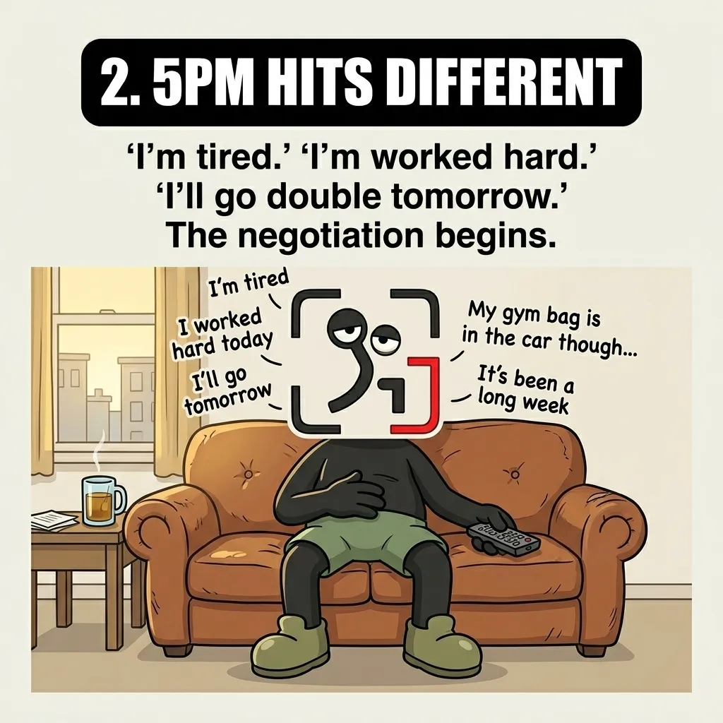 The GainFrame mascot relaxes on the couch with a TV remote, making excuses to skip his planned evening workout.