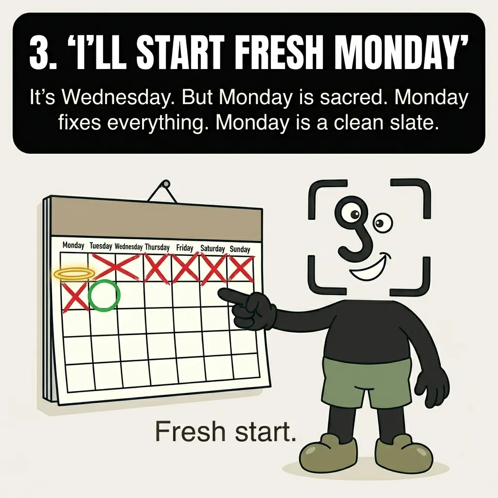 The GainFrame mascot points to a calendar full of skipped days, deciding to postpone his routine until next Monday.