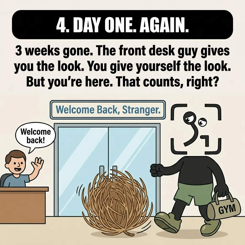 The GainFrame mascot sheepishly returns to the gym after a three-week absence, greeted by the front desk staff as a tumbleweed rolls by.