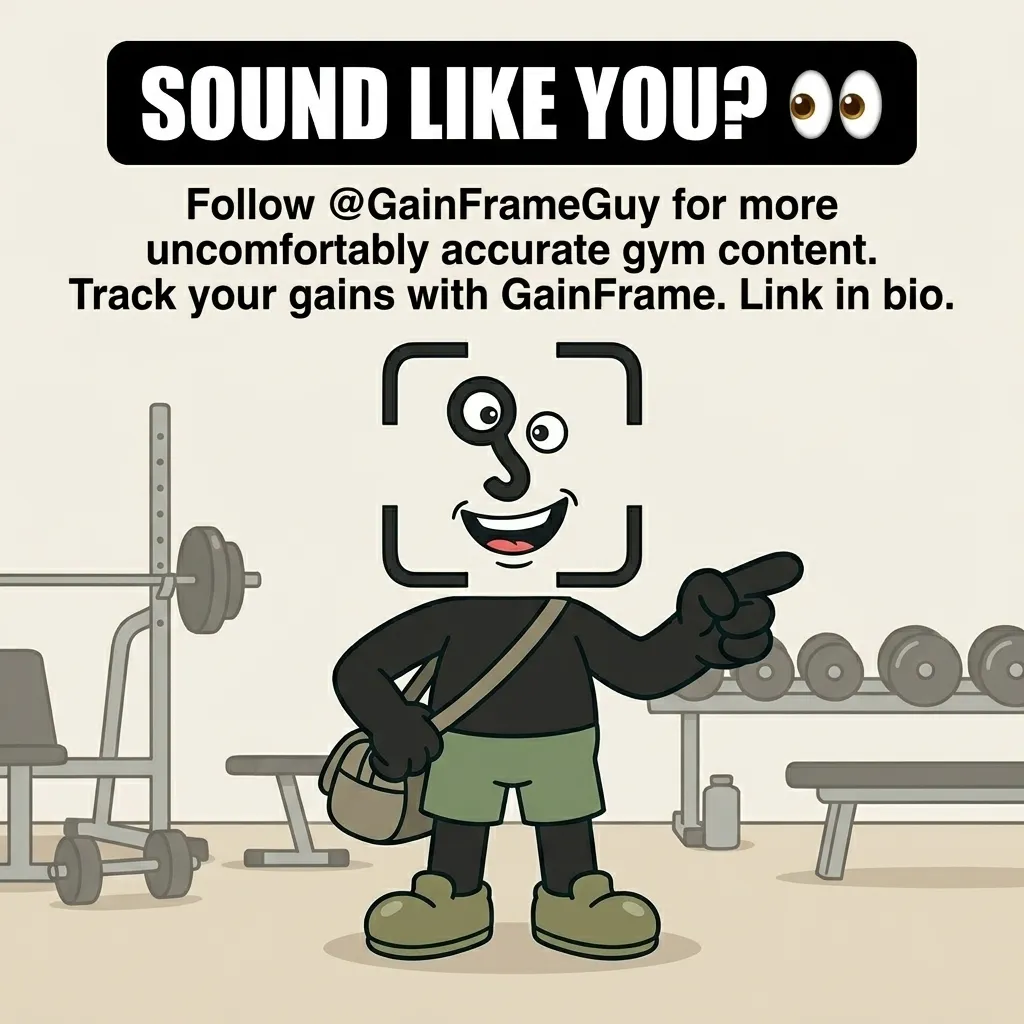 The smiling GainFrame mascot stands in a gym and points to the side, encouraging viewers to follow the account for relatable fitness content.