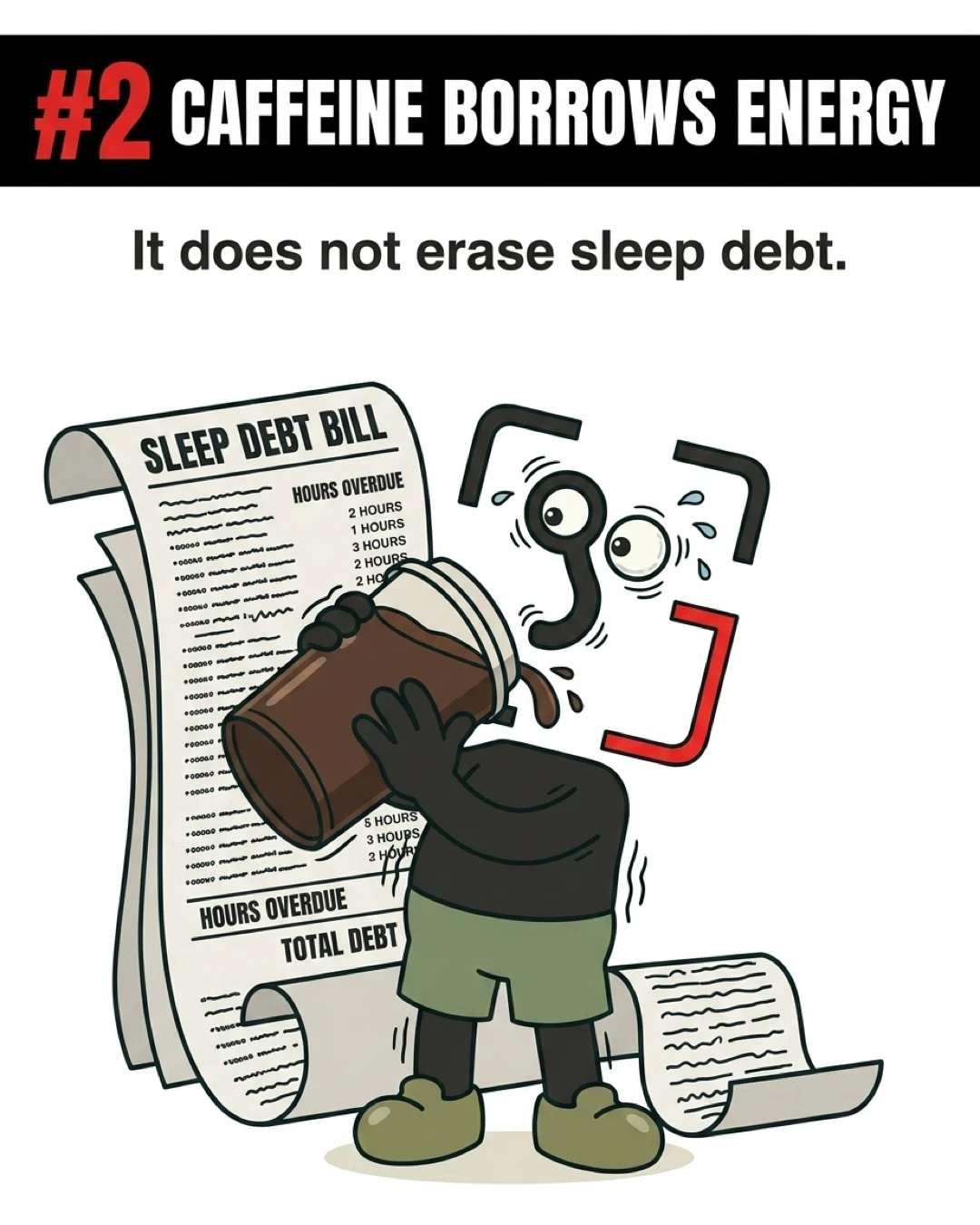 The GainFrame mascot looks stressed and sweaty while chugging a large cup of coffee in front of a long, overflowing 'Sleep Debt Bill,' showing that caffeine only borrows energy and cannot erase sleep debt.
