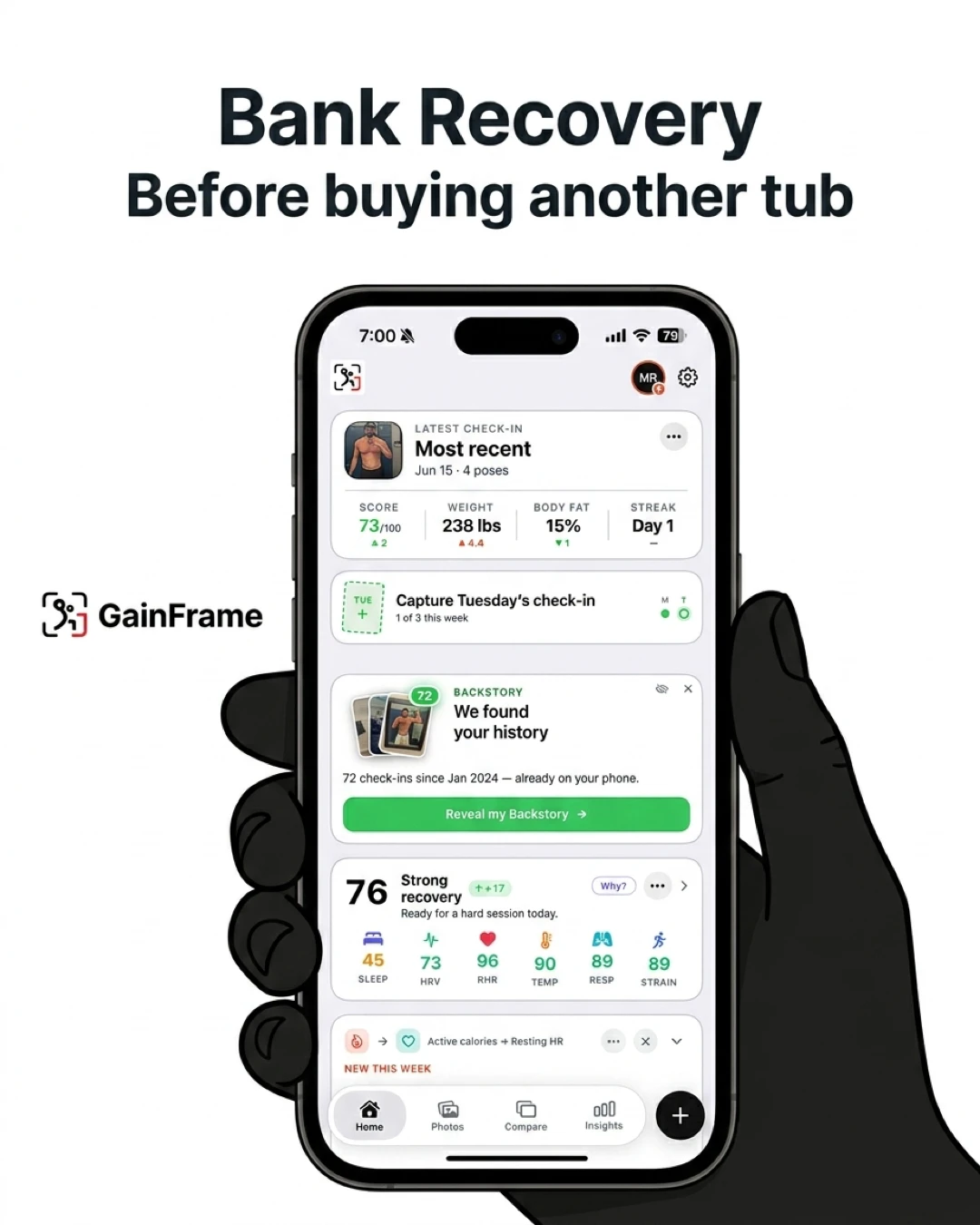 A hand holds a smartphone displaying the GainFrame app interface, which tracks recovery metrics like sleep, HRV, and resting heart rate to help users prioritize recovery before buying more supplements.