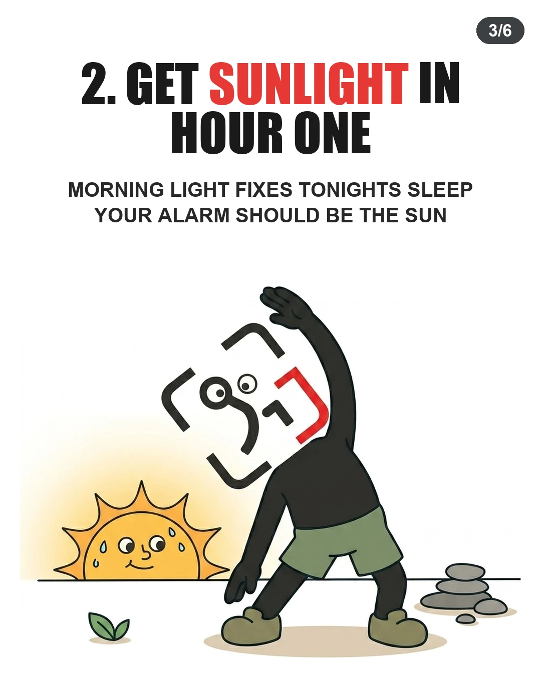 The GainFrame mascot stretches outside next to a rising sun to set their circadian rhythm.