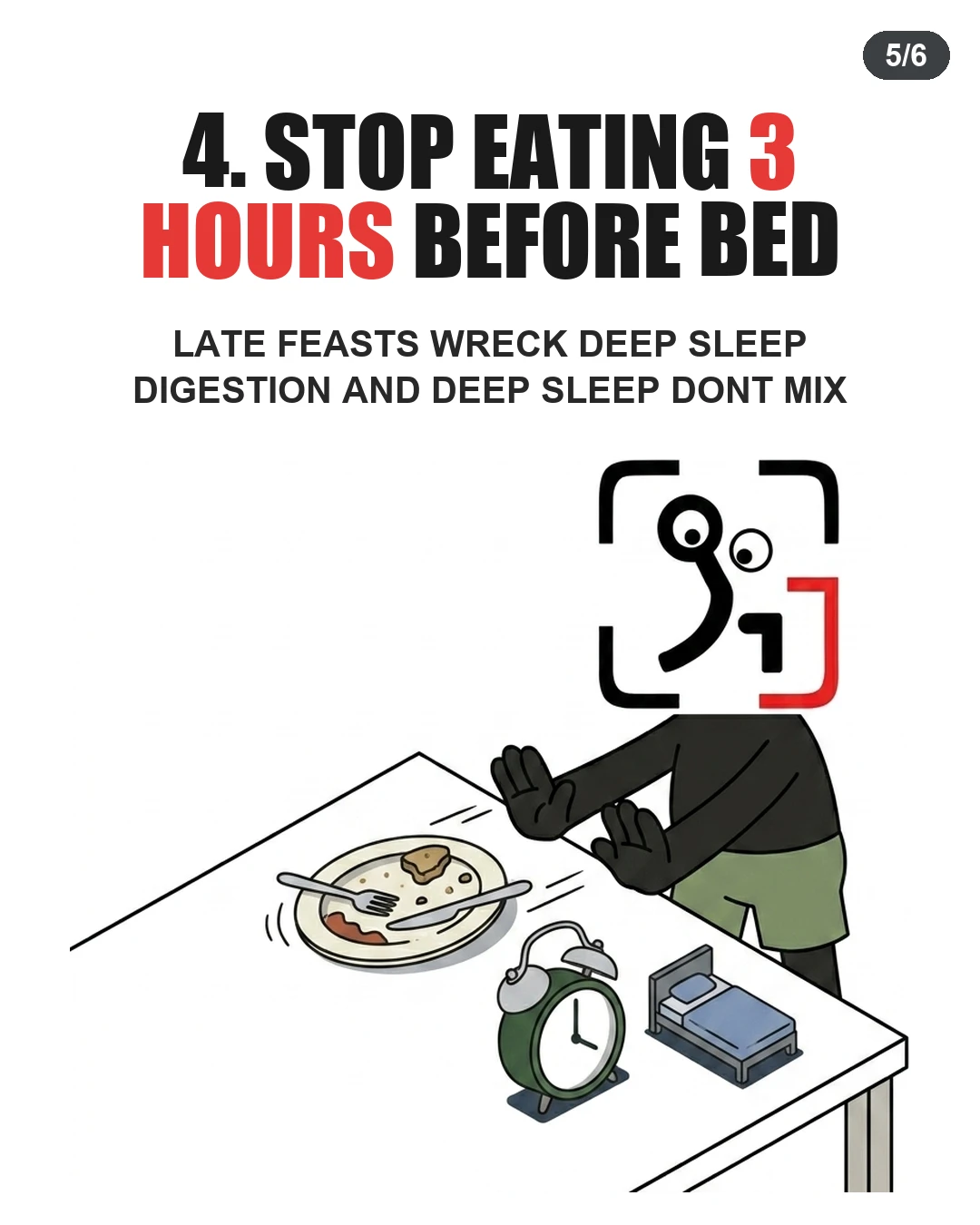The GainFrame mascot pushes away a plate of food to avoid eating within three hours of bedtime.
