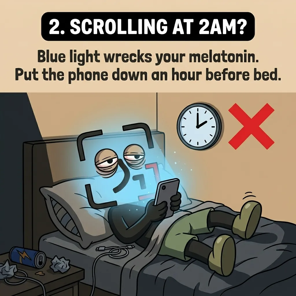 The GainFrame mascot lies in bed staring at a glowing smartphone screen at 2:00 AM, showing how late-night blue light disrupts sleep quality.