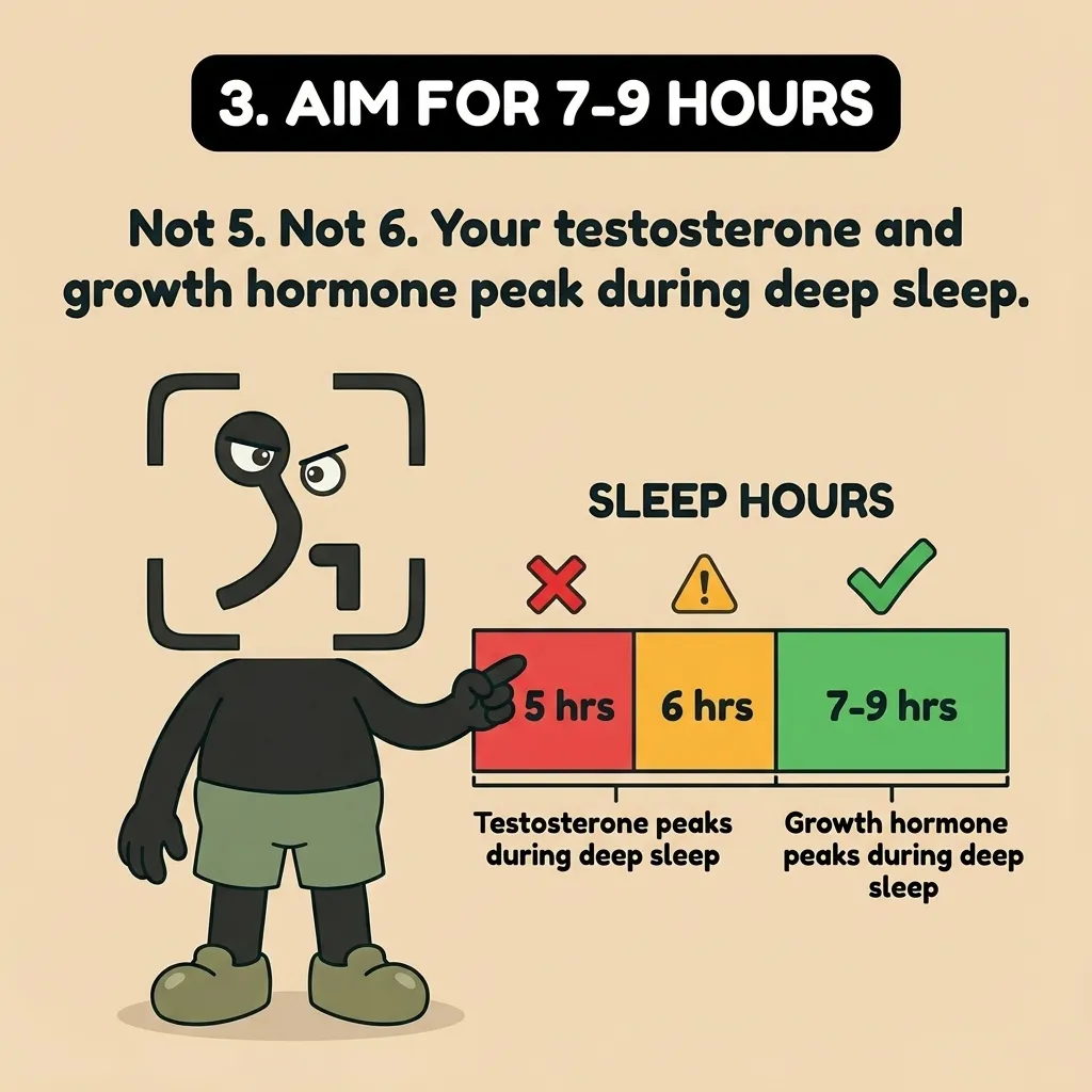 The GainFrame mascot points to a chart showing that 7 to 9 hours of sleep is optimal for maximizing testosterone and growth hormone peaks.