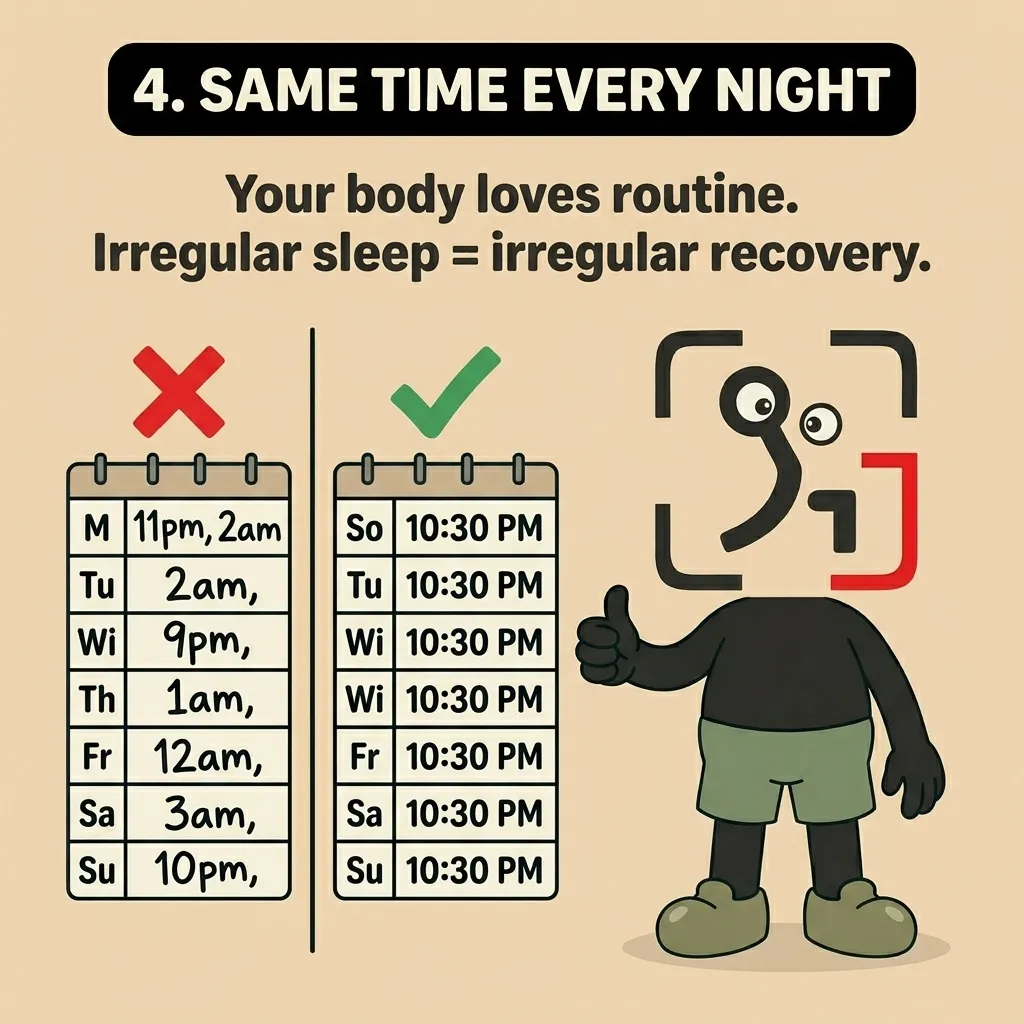 The GainFrame mascot gives a thumbs-up next to a comparison of an irregular sleep schedule versus a consistent 10:30 PM bedtime routine.