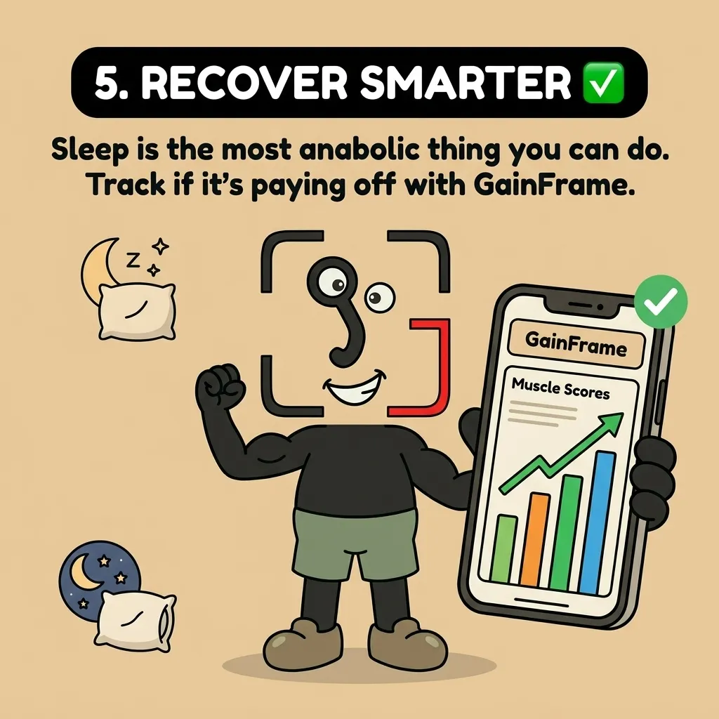 A happy GainFrame mascot flexes one arm while holding a smartphone displaying rising muscle scores to show the benefits of tracking recovery.