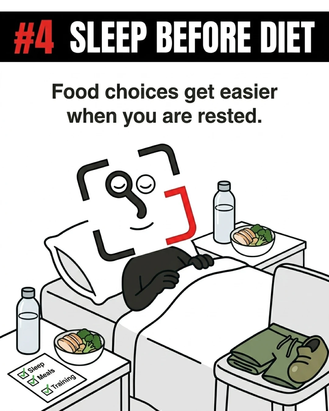The GainFrame mascot sleeps peacefully in bed next to a checklist with sleep, meals, and training all checked off, demonstrating that prioritizing rest makes healthy eating and training easier to maintain.