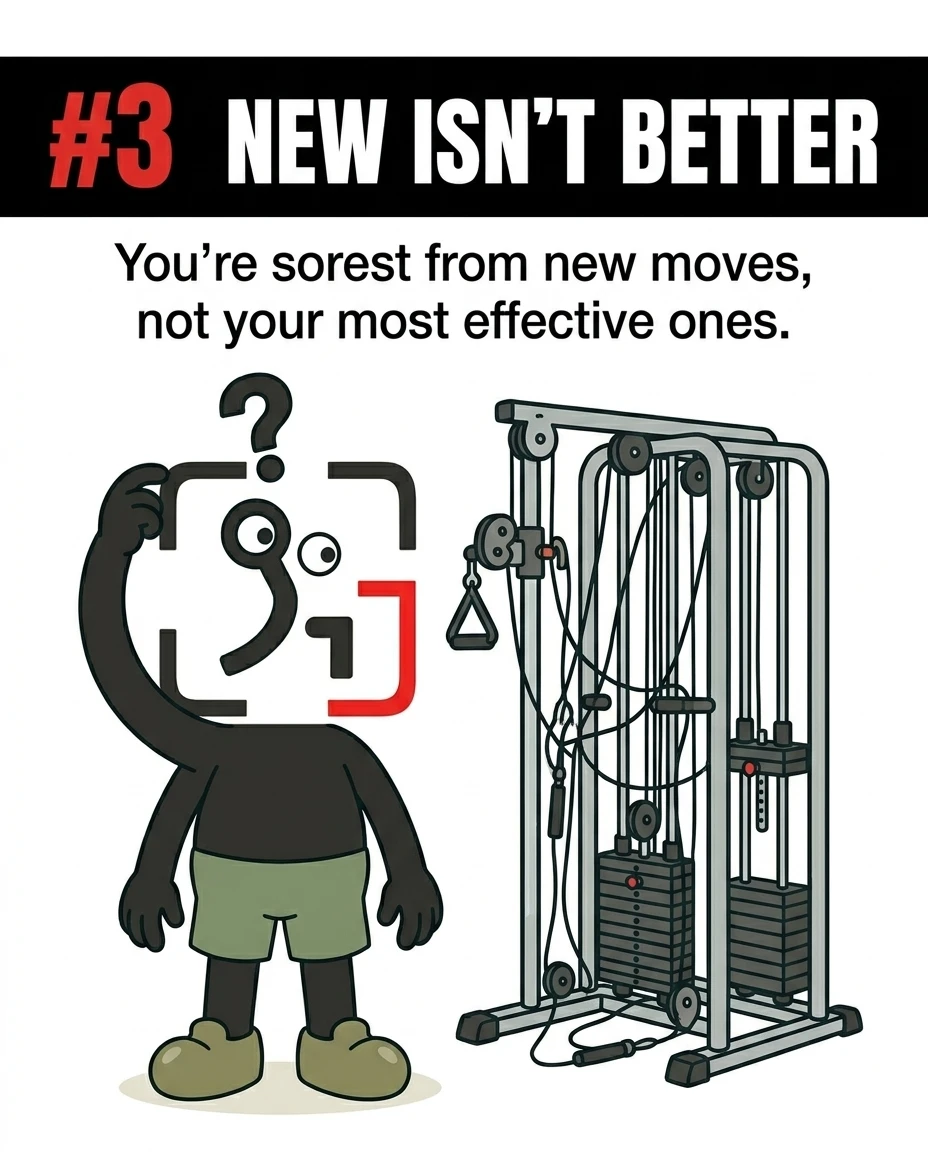 The GainFrame mascot scratches its head in confusion next to a complex cable machine, emphasizing that new exercises cause the most soreness but are not necessarily the most effective.