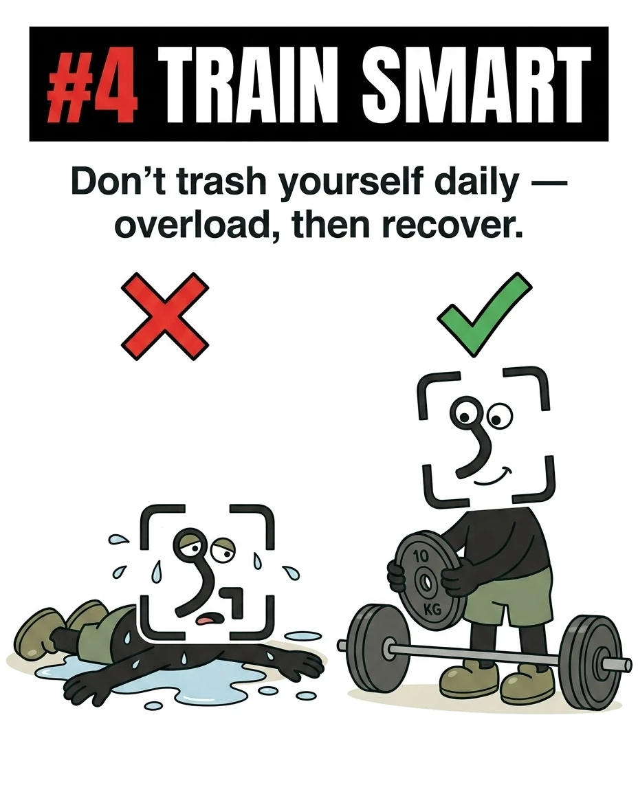The GainFrame mascot is shown exhausted in a puddle of sweat under a red cross, contrasted with a smiling mascot loading a barbell under a green checkmark, illustrating the importance of progressive overload and recovery over daily exhaustion.