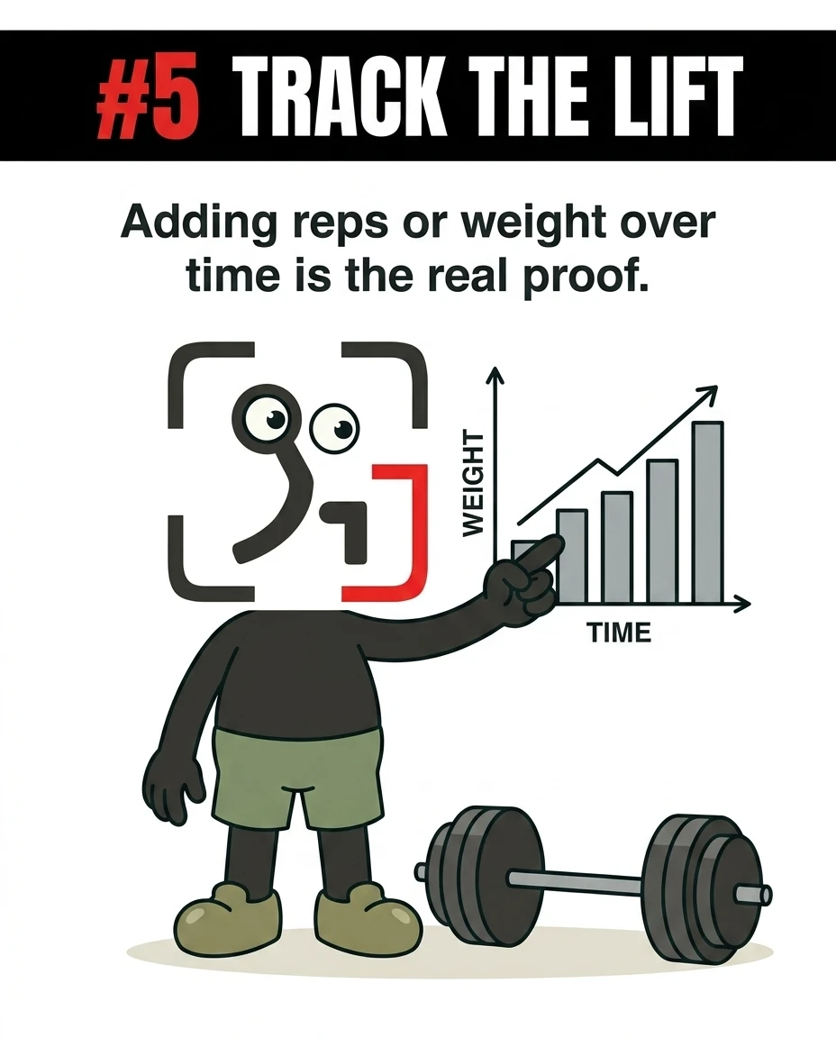 The GainFrame mascot points to a rising bar graph labeled weight over time, demonstrating that consistent progress in reps or weight is the true measure of muscle growth.