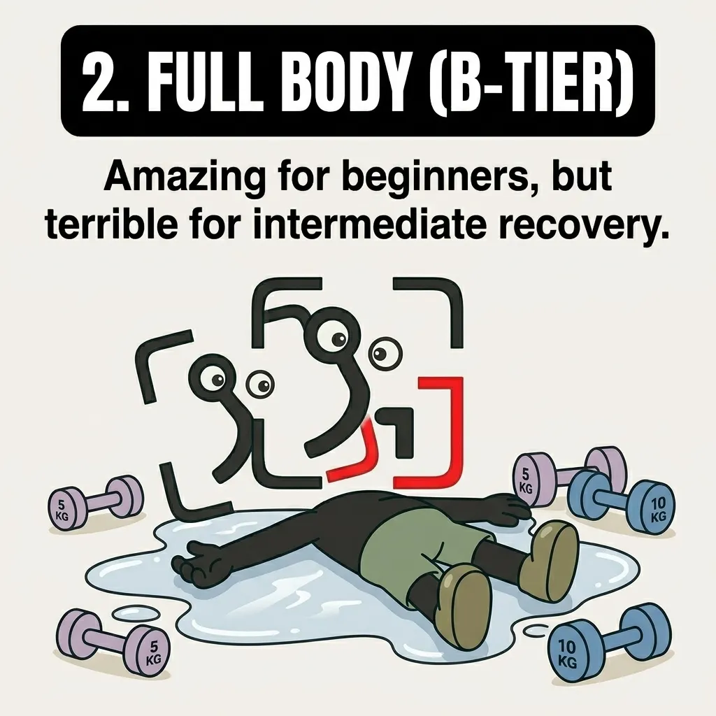 The GainFrame mascot lies exhausted in a pool of sweat surrounded by dumbbells, showing that the B-tier 'Full Body' split can hinder recovery for intermediate lifters.