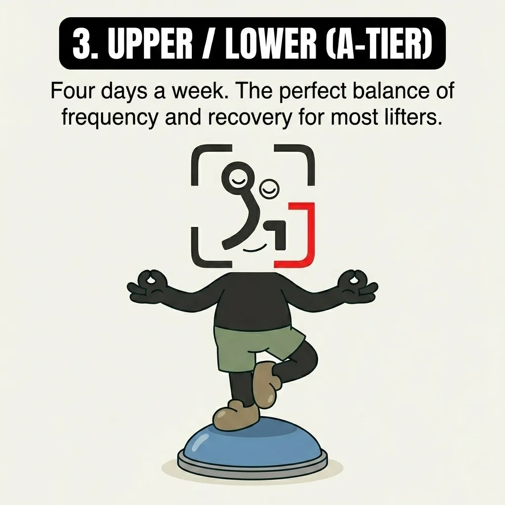 The GainFrame mascot balances peacefully on one leg on a Bosu ball in a yoga pose, representing the balanced recovery and frequency of the A-tier 'Upper / Lower' split.