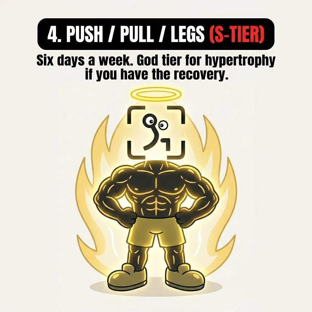 The GainFrame mascot glows with a golden aura and a halo, showing that the S-tier 'Push / Pull / Legs' split is highly effective for muscle growth if recovery is managed.