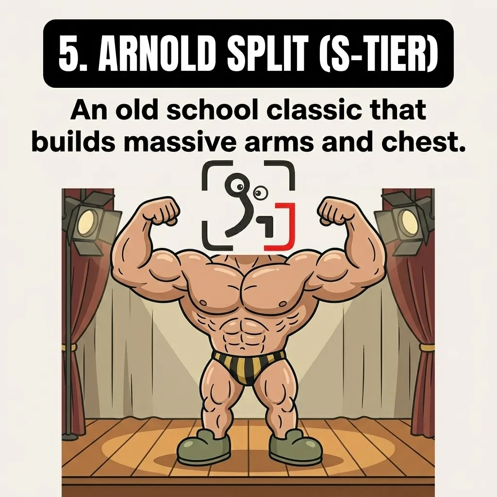 The GainFrame mascot poses on a bodybuilding stage with a highly muscular physique, highlighting the S-tier 'Arnold Split' as an old-school classic for building chest and arms.