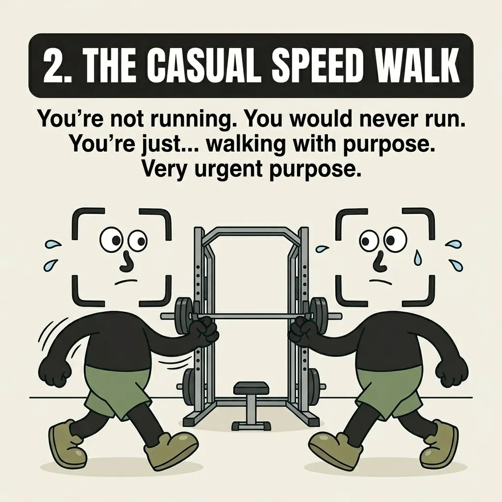 Two sweating GainFrame mascots speed walk toward the squat rack from opposite sides, trying to look casual while moving quickly.