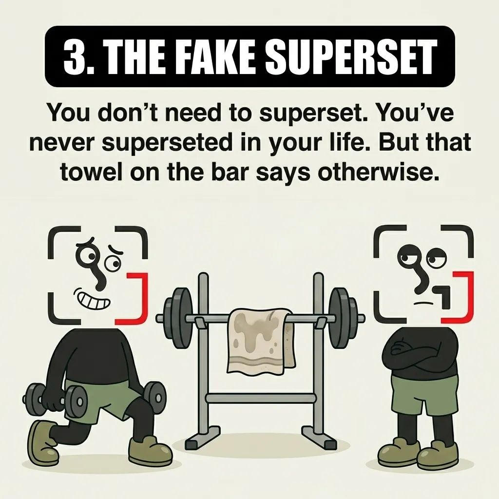 One GainFrame mascot does lunges with dumbbells while looking nervously at another mascot who has claimed the squat rack by hanging a towel over the barbell.