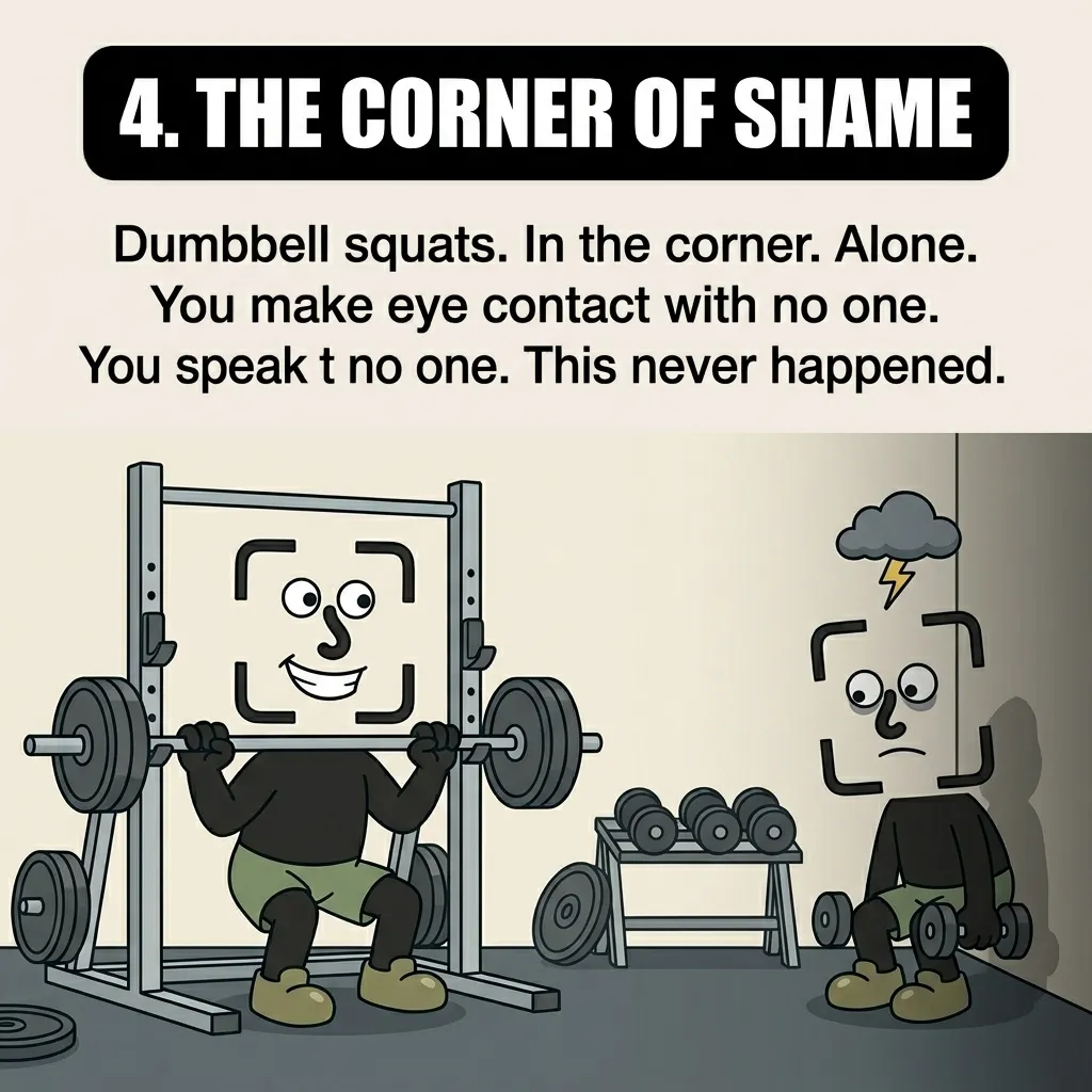 A happy GainFrame mascot uses the squat rack while the defeated mascot does dumbbell squats alone in a dark corner under a raincloud.