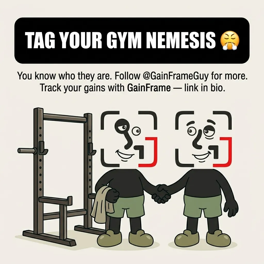 Two GainFrame mascots shake hands in front of an empty squat rack, resolving their gym rivalry.