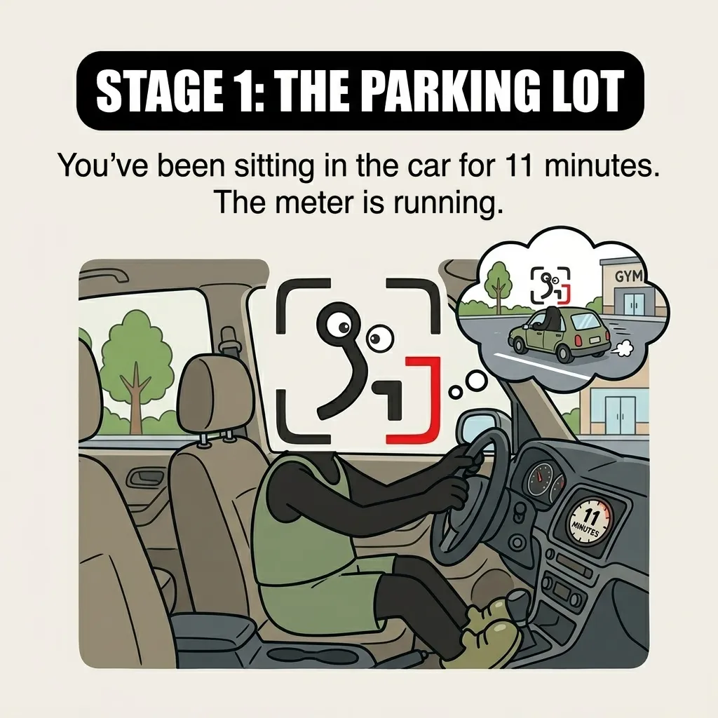 The GainFrame mascot sits hesitantly inside a parked car outside the gym, stalling for 11 minutes before going in.