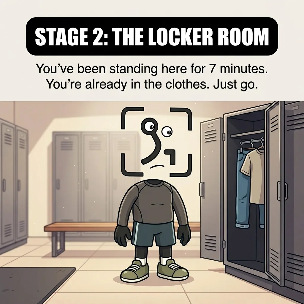 The GainFrame mascot stands frozen and unmotivated in a locker room, delaying the start of the workout despite being dressed.
