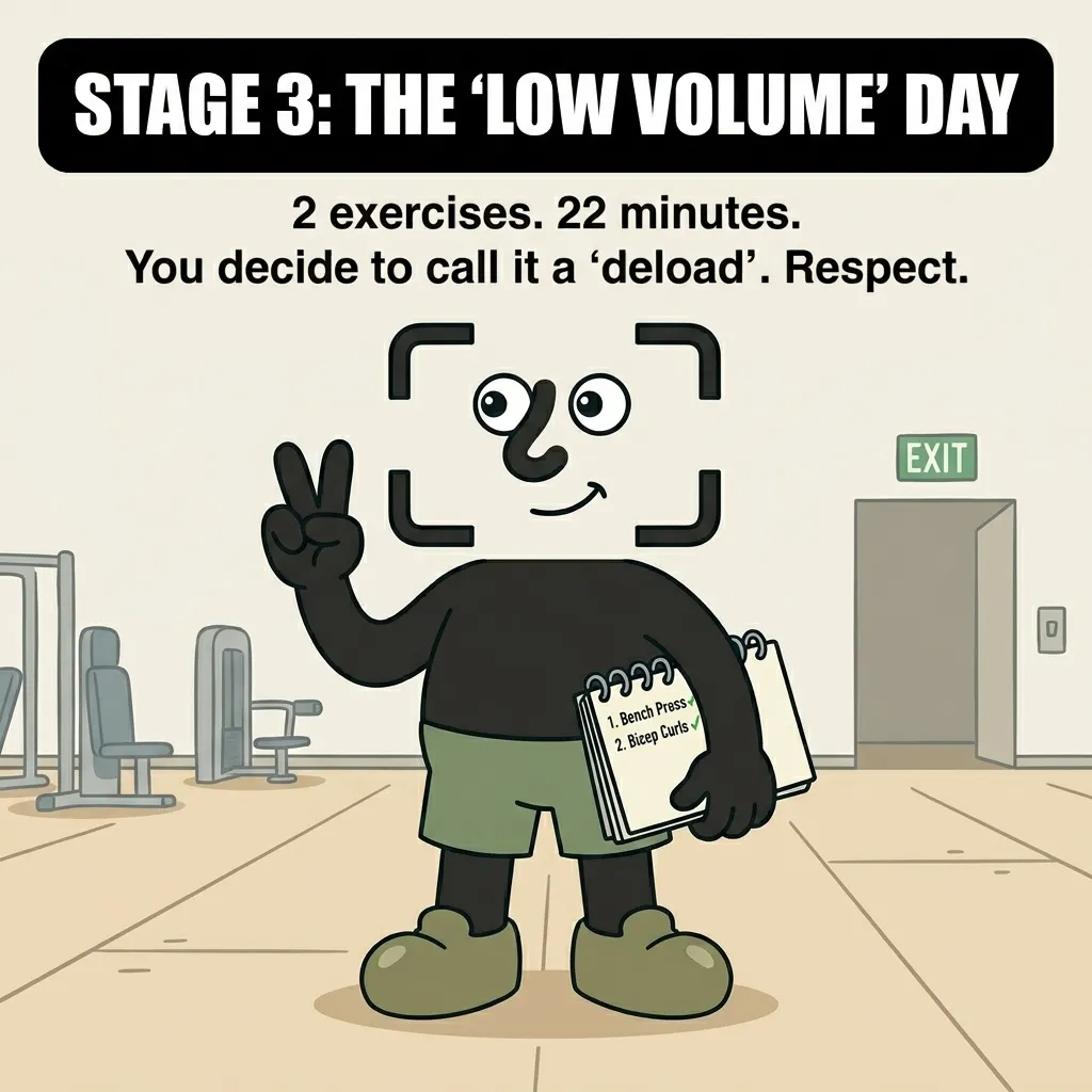 The GainFrame mascot holds a notebook showing only two completed exercises and flashes a peace sign, choosing to call the short session a deload.