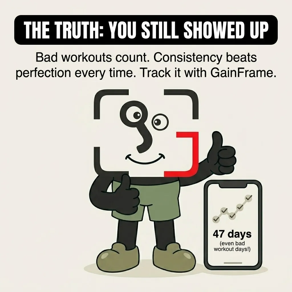 The GainFrame mascot smiles and gives a thumbs-up next to a smartphone displaying a 47-day workout streak, highlighting that consistency is key.