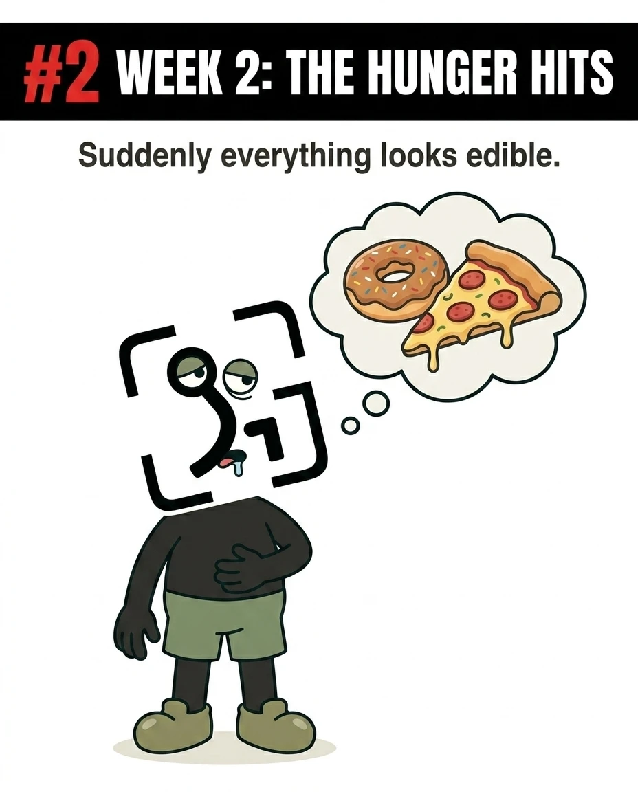 The GainFrame mascot drools while dreaming of pizza and donuts, showing how hunger cravings begin to set in during the second week of a cut.