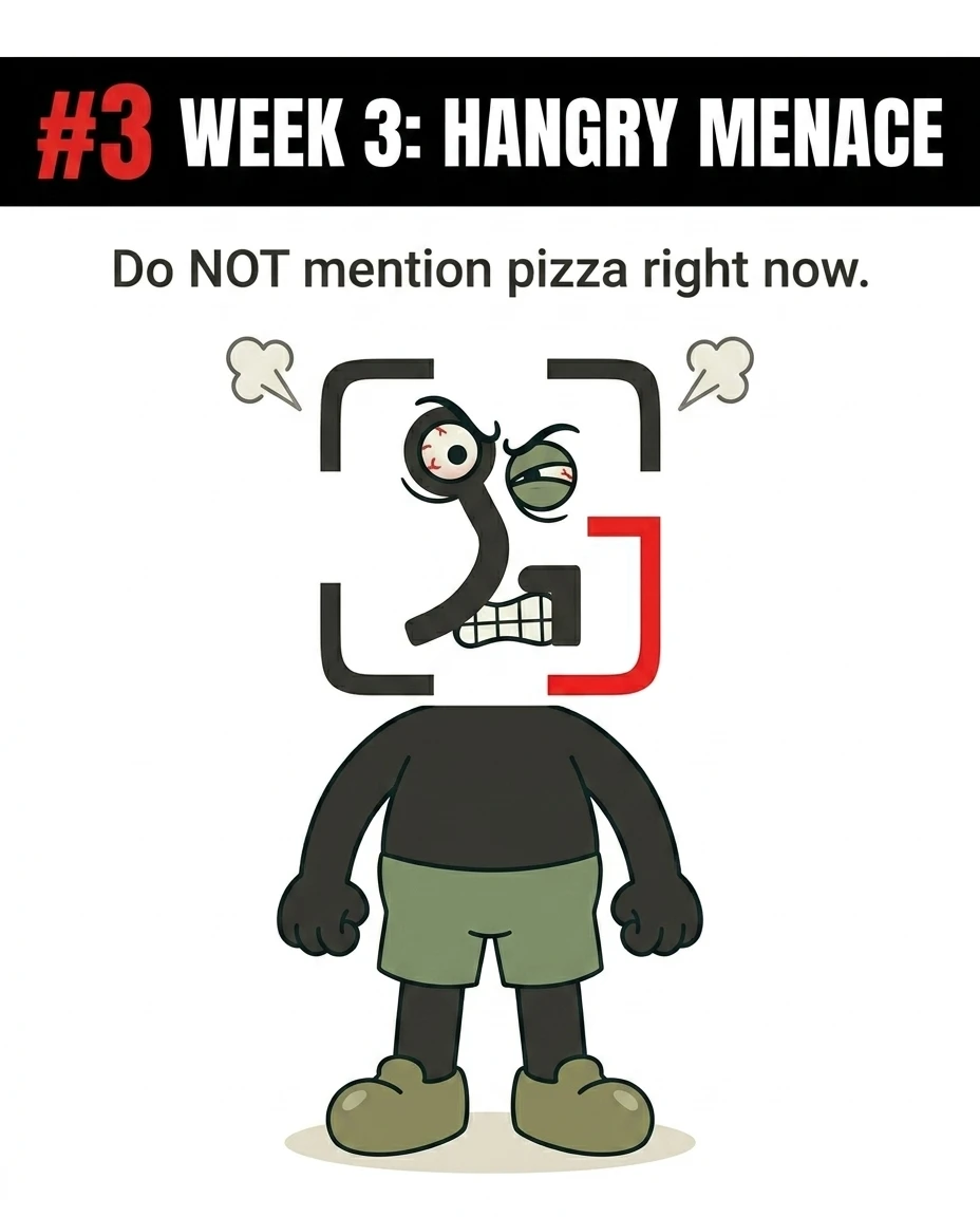 The GainFrame mascot looks furious with steam coming from its ears, depicting the irritability and hangry feelings that arise by week three.
