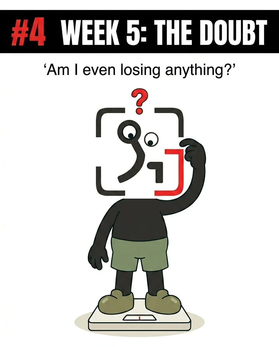The GainFrame mascot stands on a scale with a question mark over its head, illustrating the self-doubt and questioning of progress that occurs mid-diet.
