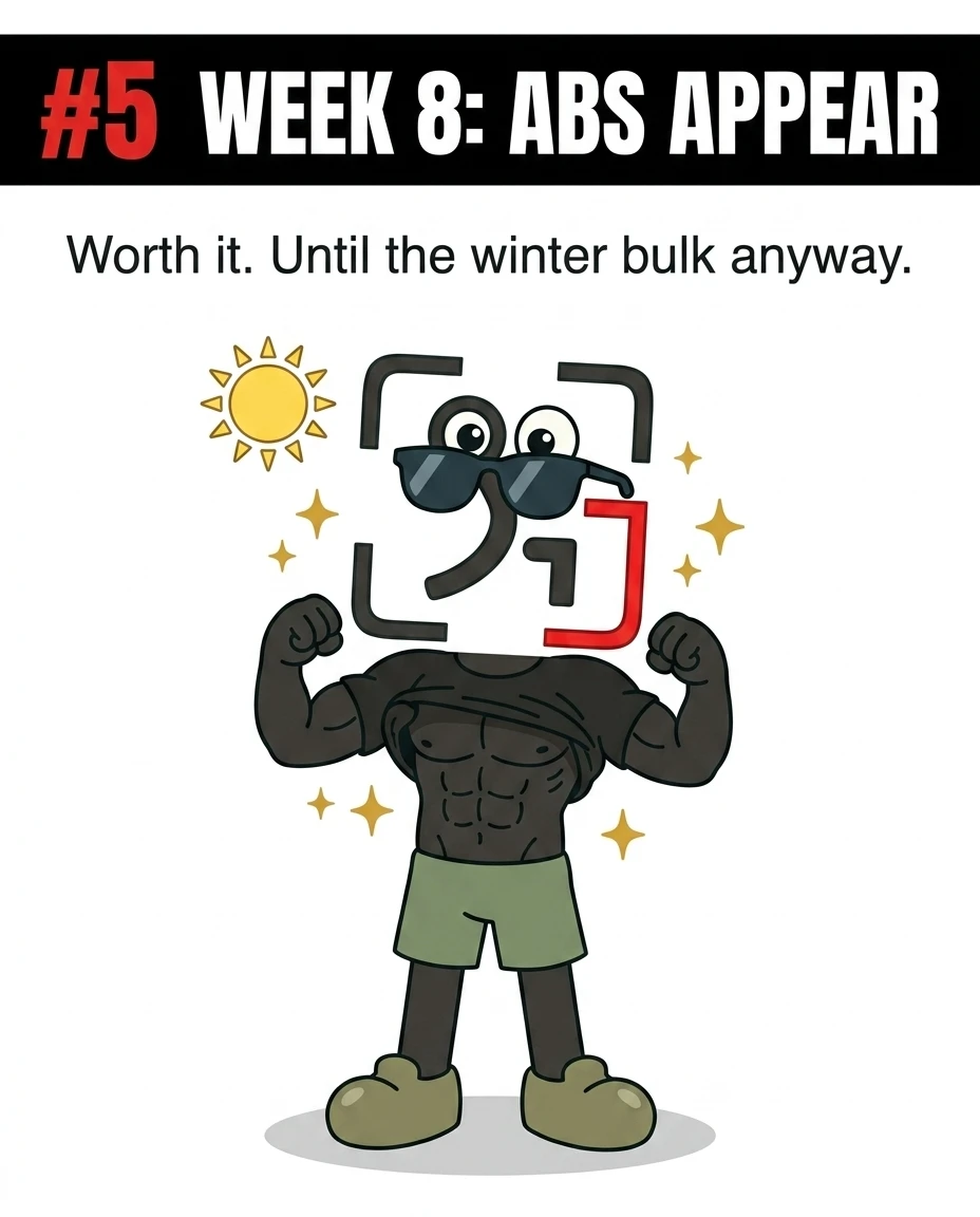 The GainFrame mascot proudly shows off defined six-pack abs while wearing sunglasses under the sun, demonstrating that the hard work of the cut eventually pays off.
