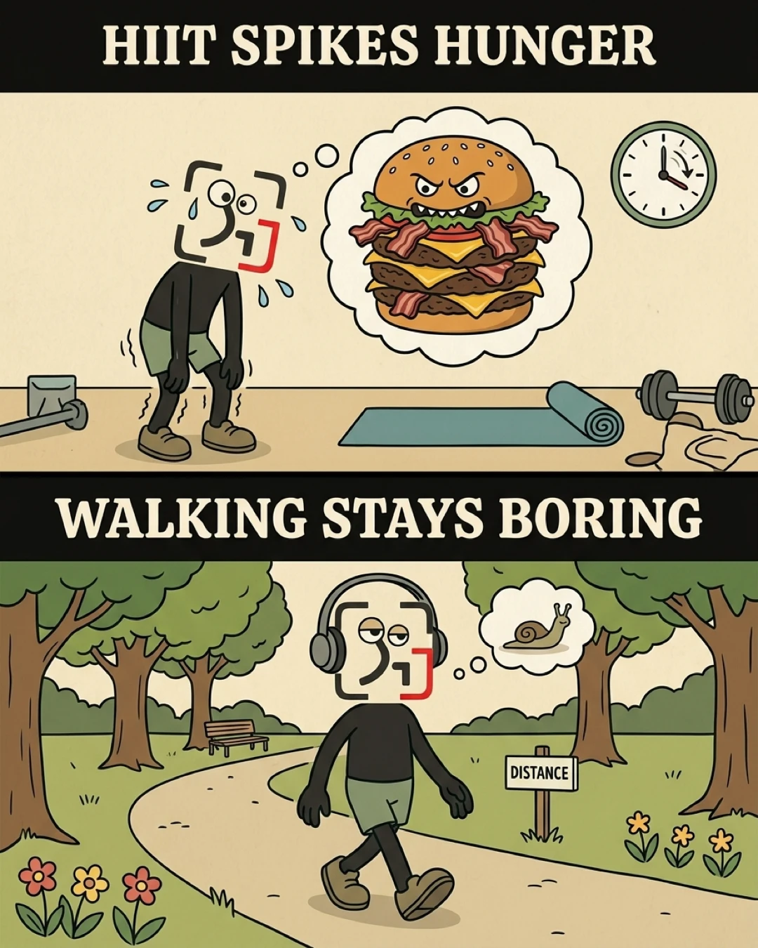 The GainFrame mascot is ravenous and dreams of a massive burger after a grueling workout, whereas walking with headphones is low-key and doesn't trigger extreme hunger.
