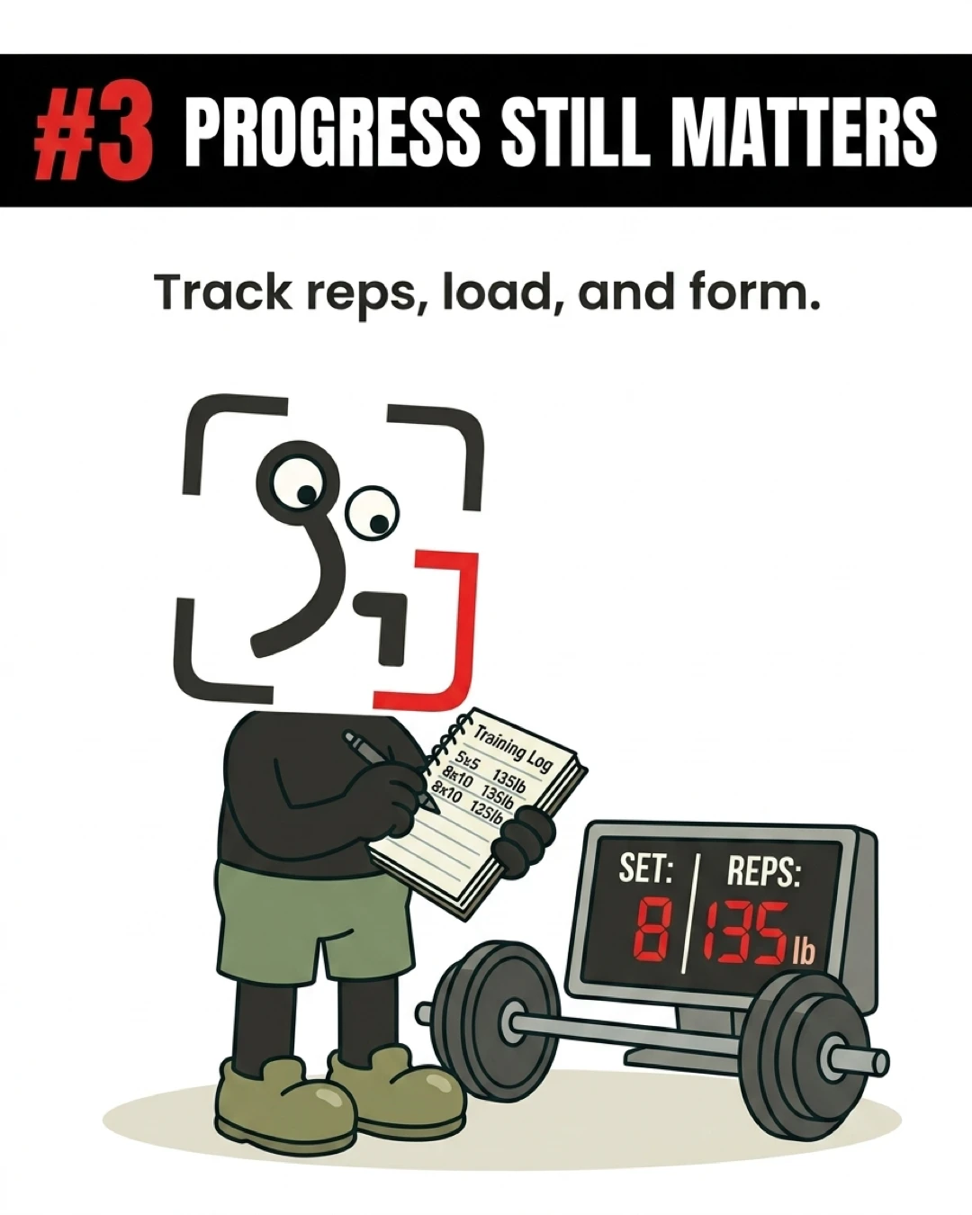 The GainFrame mascot writes in a training log next to a barbell and a digital display showing 8 reps at 135 pounds, emphasizing the importance of tracking workout data over time.