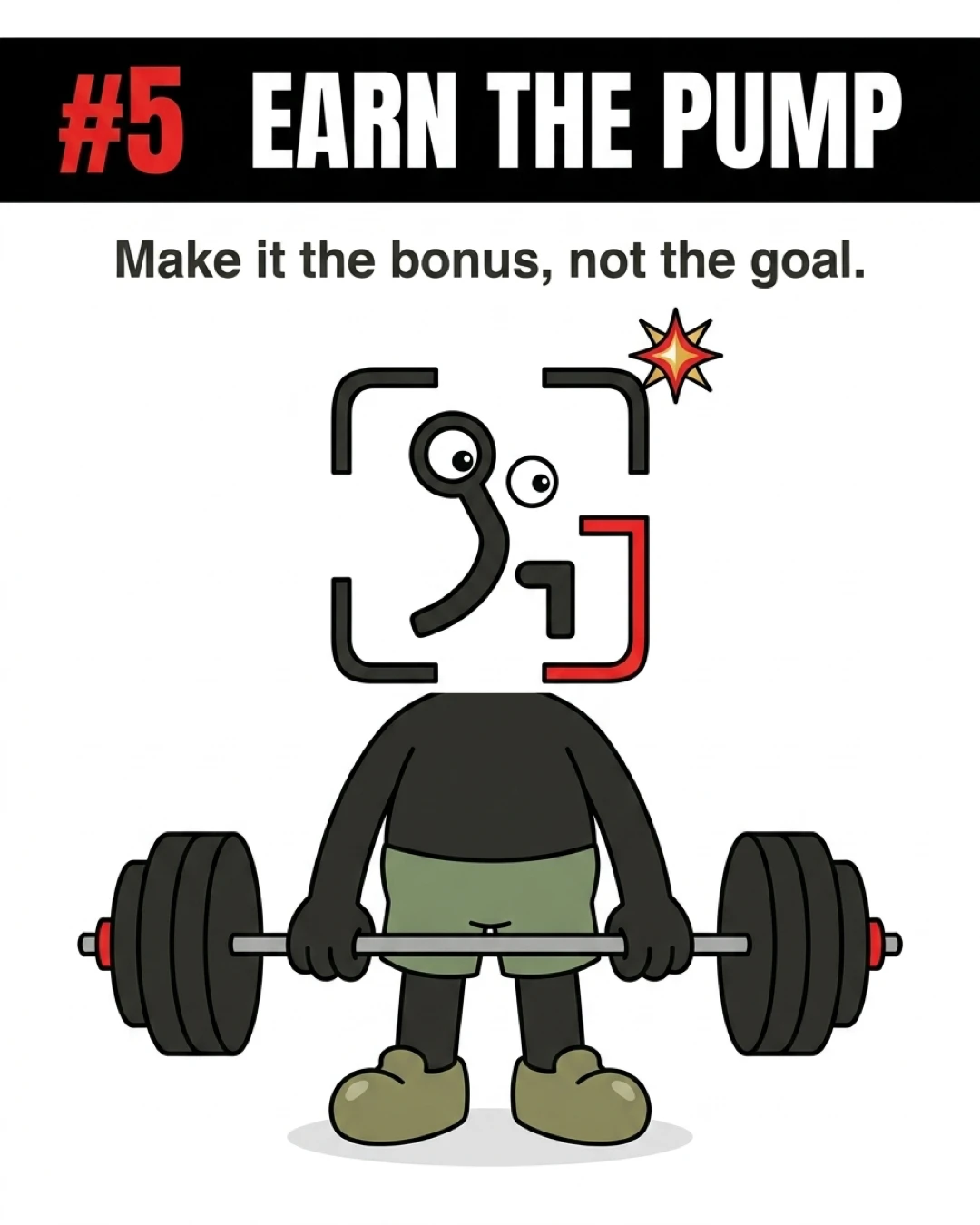 The GainFrame mascot stands proudly holding a heavy barbell after a hard workout, showing that a muscle pump should be earned as a byproduct of progressive overload rather than being the primary goal of training.