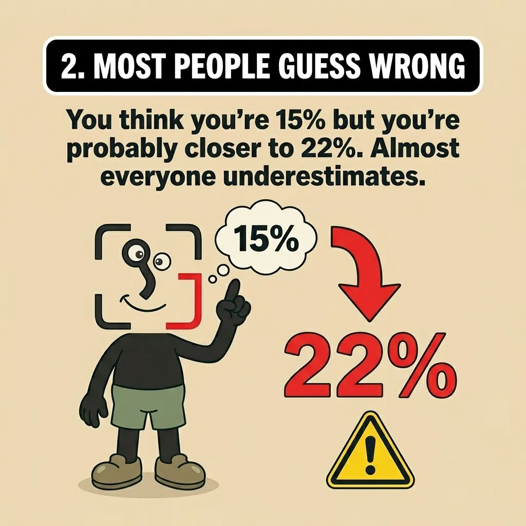 The GainFrame mascot thinks he is at 15% body fat, but a red arrow points down to a warning sign showing his actual body fat is likely closer to 22%.