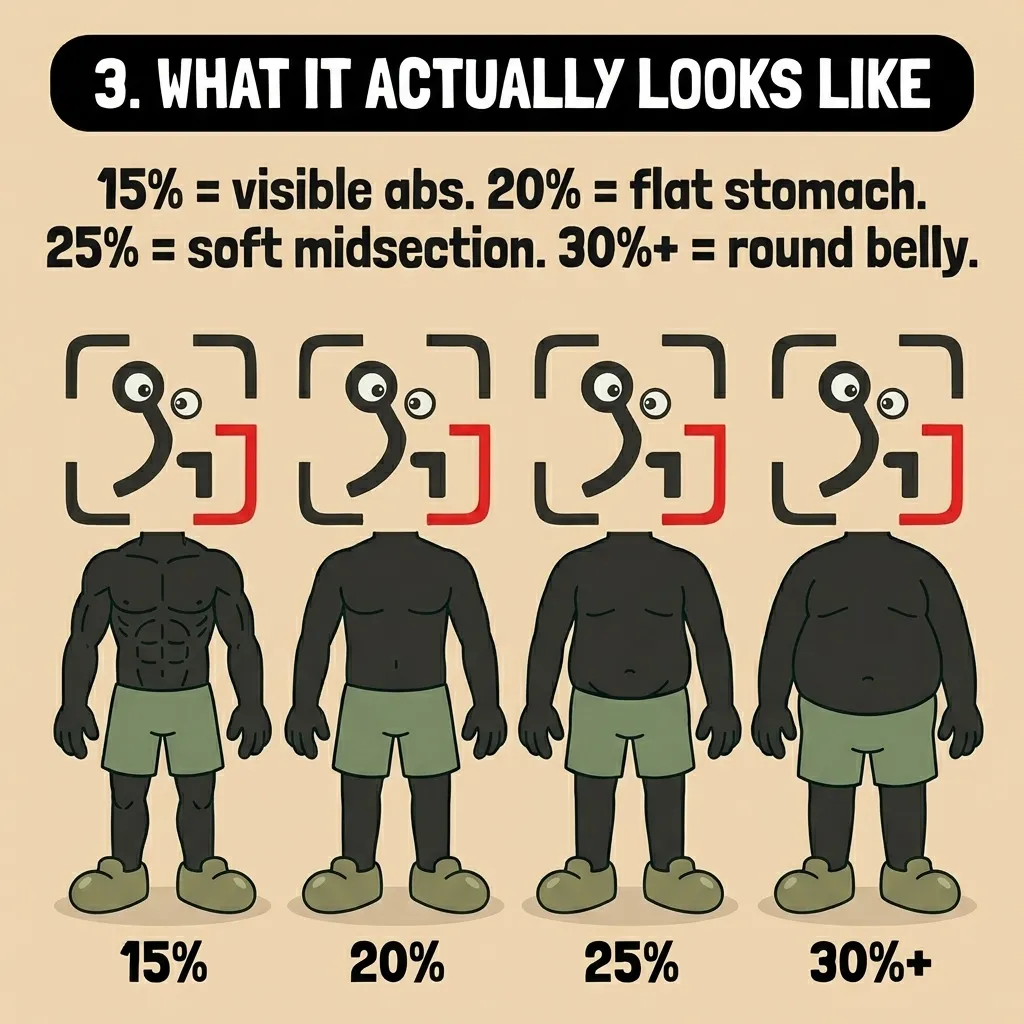 Four versions of the GainFrame mascot are lined up to visually compare body shapes at 15%, 20%, 25%, and over 30% body fat.