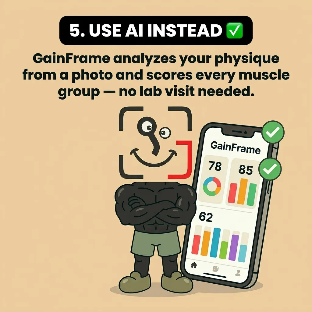 A muscular GainFrame mascot stands confidently next to a smartphone displaying the GainFrame app's muscle analysis scores, presenting an easy AI-based solution.