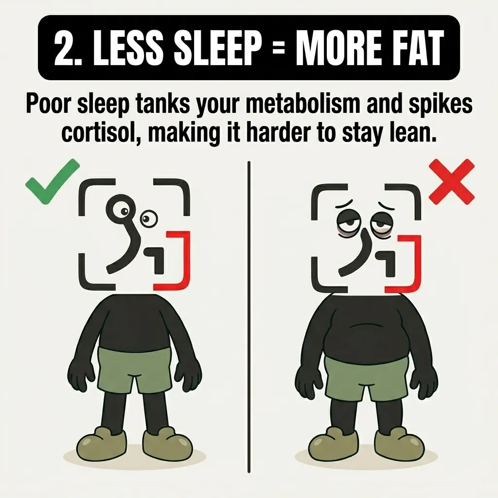 A side-by-side comparison shows a fit GainFrame mascot with a green checkmark next to a sleep-deprived, overweight mascot with a red X, highlighting how poor sleep hinders fat loss.