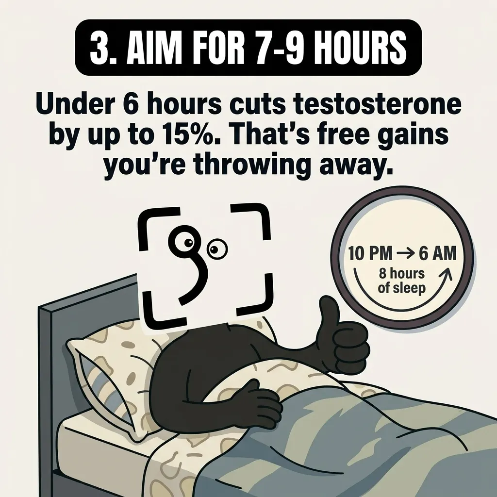 The GainFrame mascot lies in bed giving a thumbs-up next to a clock showing 8 hours of sleep from 10 PM to 6 AM, emphasizing the importance of aiming for 7 to 9 hours of sleep.