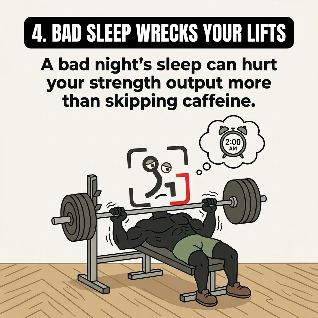 The GainFrame mascot struggles and shakes while bench pressing a heavy barbell while thinking of an alarm clock set to 2:00 AM, illustrating how poor sleep ruins lifting performance.