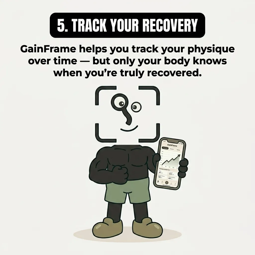 A healthy, muscular GainFrame mascot smiles while holding up a smartphone displaying the GainFrame app, emphasizing the importance of tracking recovery.