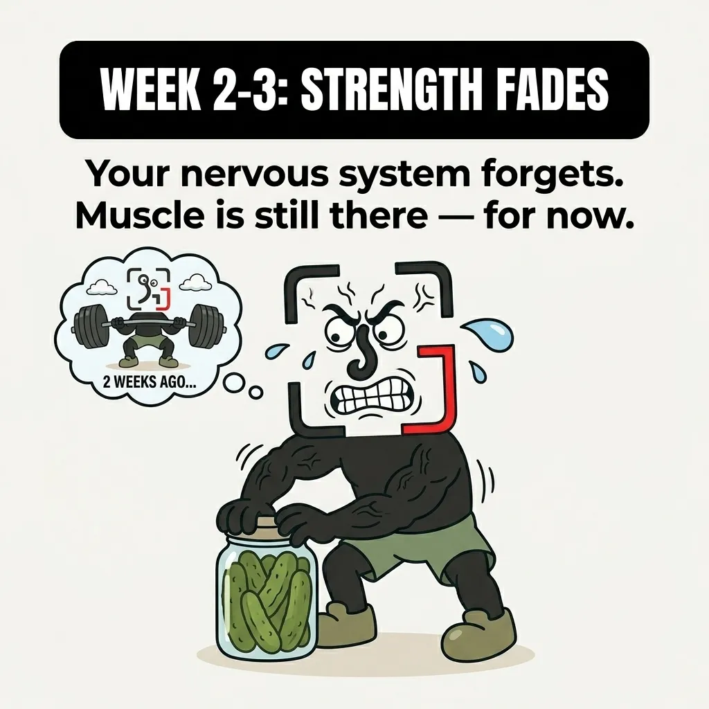 The GainFrame mascot struggles and strains to open a pickle jar while remembering when he easily squatted heavy weights two weeks ago, showing that strength begins to fade as the nervous system adapts to inactivity.