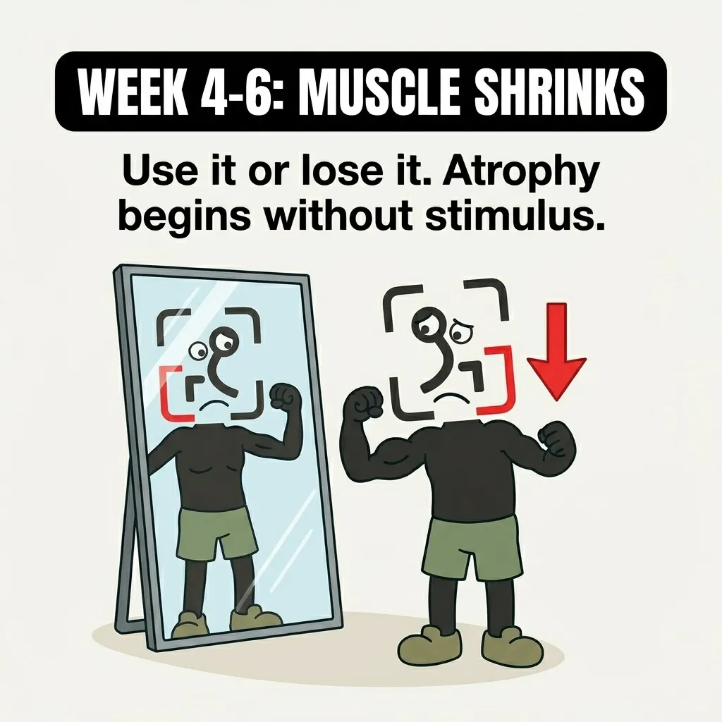 The GainFrame mascot looks sadly at his less muscular reflection in a mirror with a red downward arrow pointing to his arm, illustrating that muscle atrophy begins after four to six weeks without training.