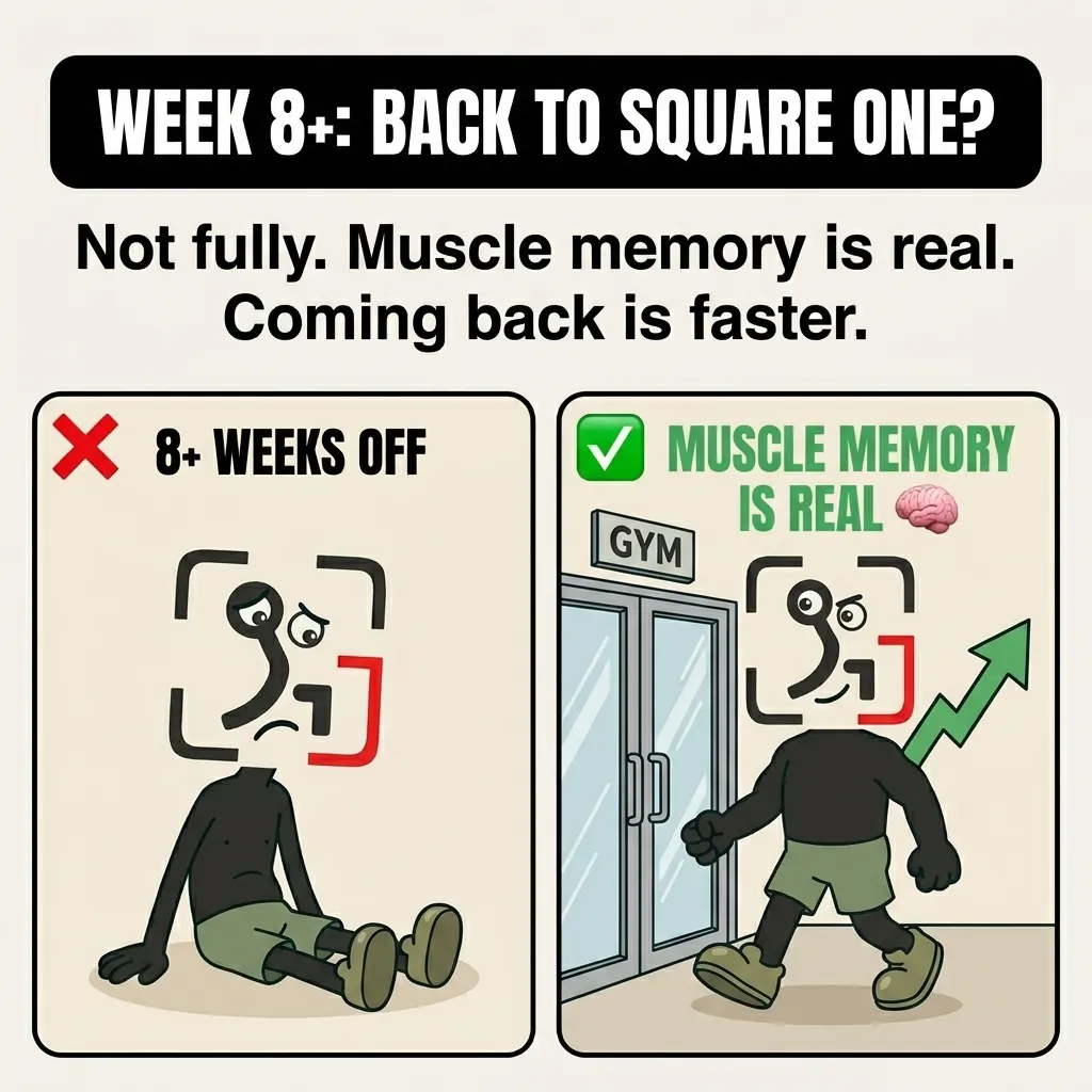 A split panel shows a sad, out-of-shape mascot after eight weeks off on the left, and a confident mascot walking back into the gym with a green upward arrow on the right, showing that muscle memory makes regaining lost muscle faster.