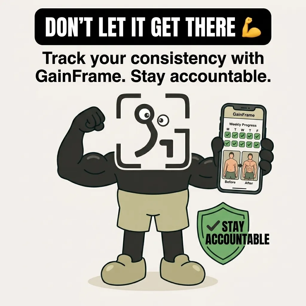 A muscular GainFrame mascot flexes his bicep while holding a smartphone displaying a progress tracking app, encouraging users to stay consistent and accountable to avoid losing their fitness gains.