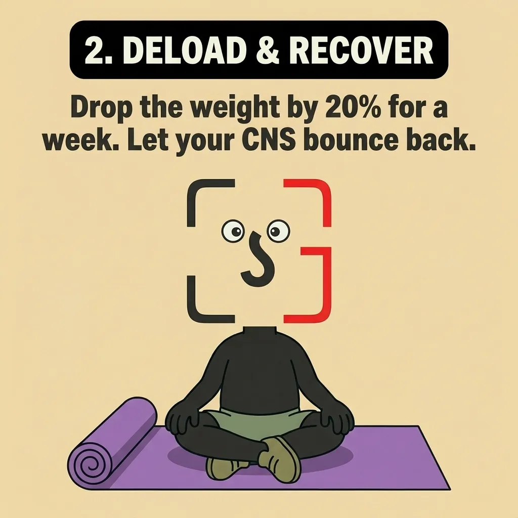 The GainFrame mascot sits in a peaceful meditation pose on a yoga mat, highlighting the importance of deloading and recovery.